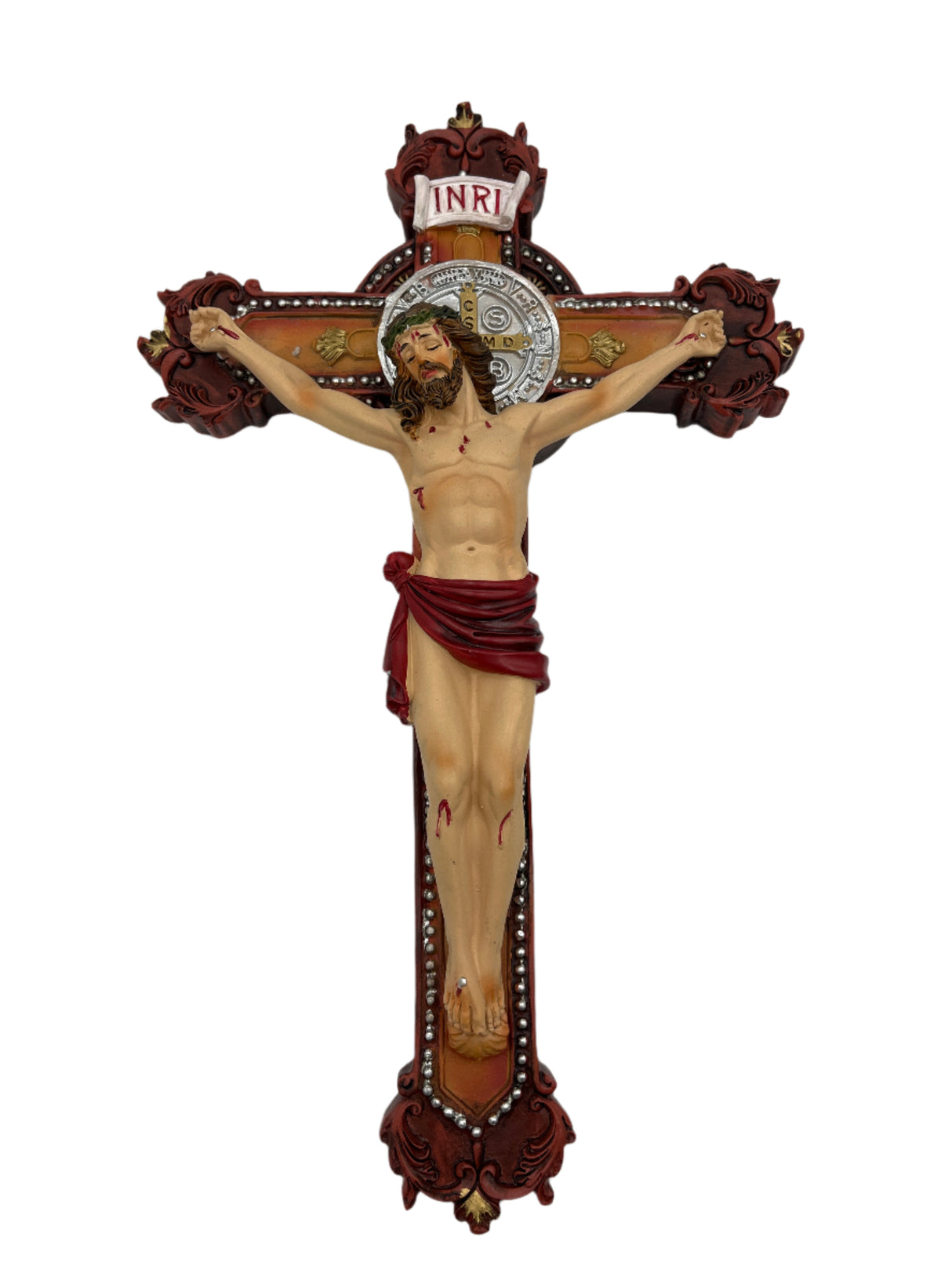 Wall Resin Crucifix with St. Benedict Medal 15"x9"