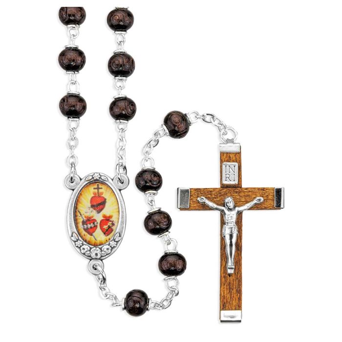 JMJ Three Hearts Rosary in Maroon Carved Boxwood Beads with JMJ Centerpiece