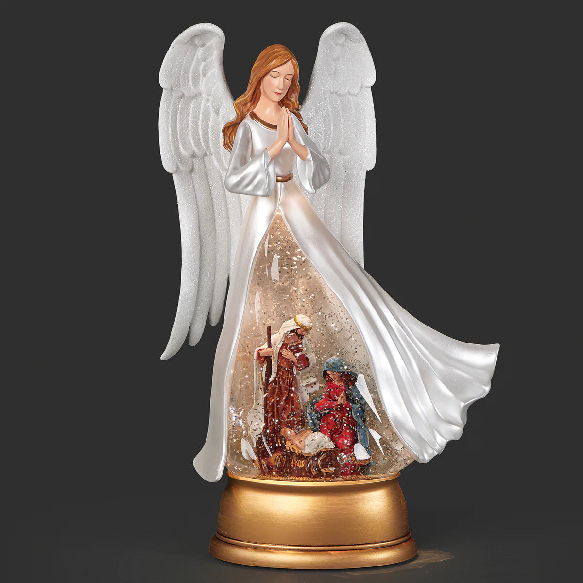 LIGHTED SWIRL ANGEL WITH HOLY FAMILY 12.25"H