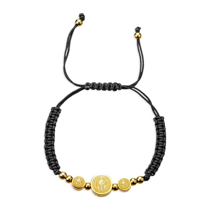 Saint Benedict 18K Gold Plated Triple Medal Cross Corded Bracelet