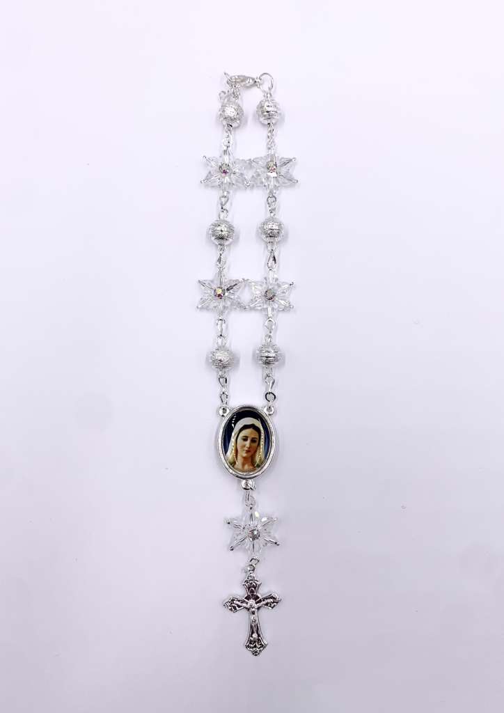SILVER ONE-DECADE ROSARY WITH CLEAR STARS