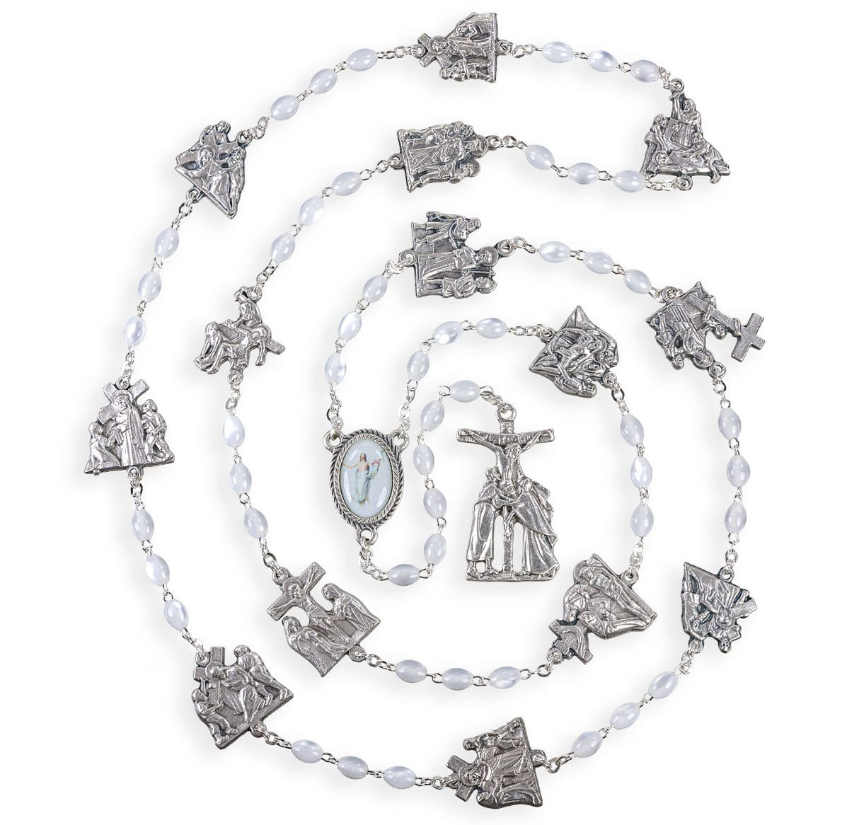 White Via Crucis Glass Bead Rosary with 14 Station of the Cross in Grey Velvet Box