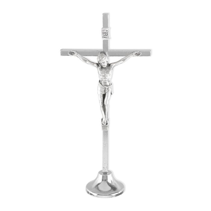 5" Brass Standing Silver Finished Crucifix with Silver Oxidized Corpus