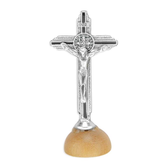 2" Standing St. Benedict Crucifix with Black Epoxy Inlay on a Wood Base