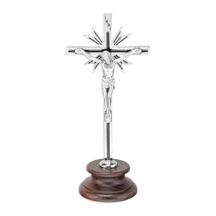 5 1/4"Standing Metal Crucifix with Sunburst and Black Epoxy Inlay on Wood Base