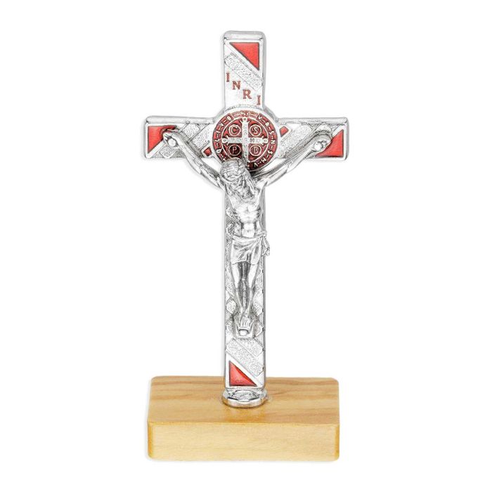 3 3/8" Standing St. Benedict Crucifix with Red Epoxy and Textured Silver on a Wood Base