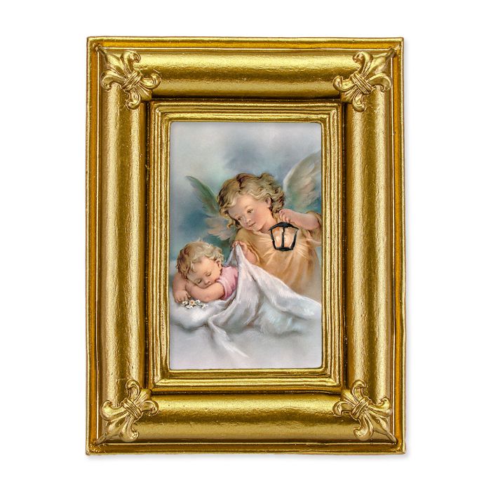 3 1/2" x 4 1/2" Gold Frame with Fleur de lis corners and a Guardian Angel with Lantern print- P65 STICKER