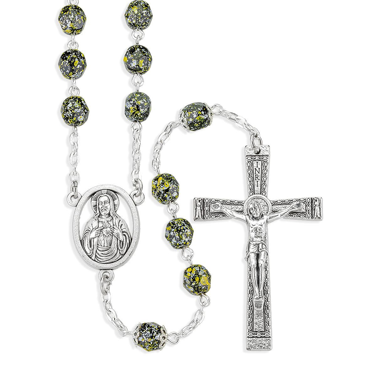 Black and Yellow Metallic Glass Fire Polished Bead Rosary