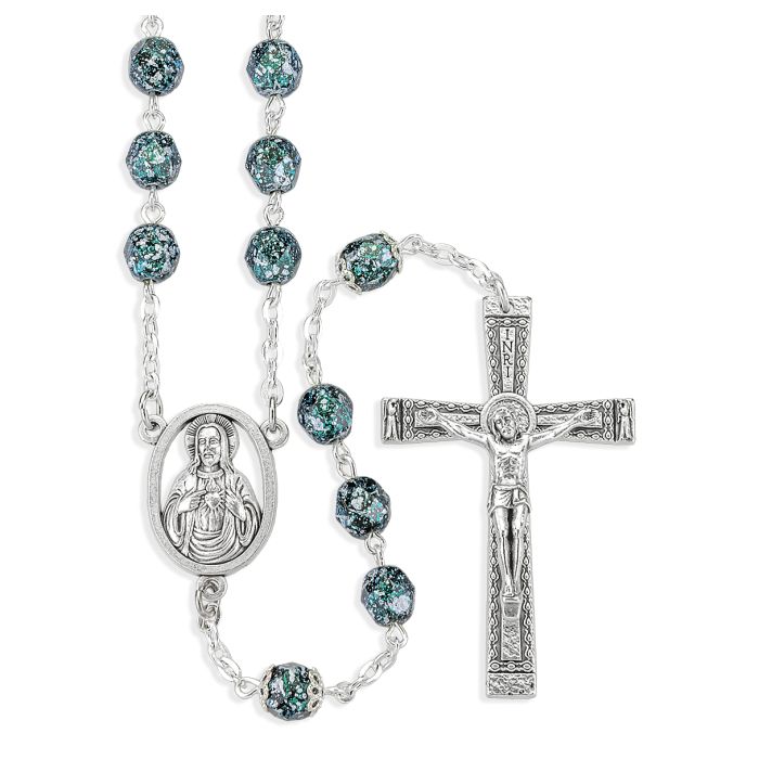 Teal and Silver Metallic Glass Fire Polished Bead Rosary