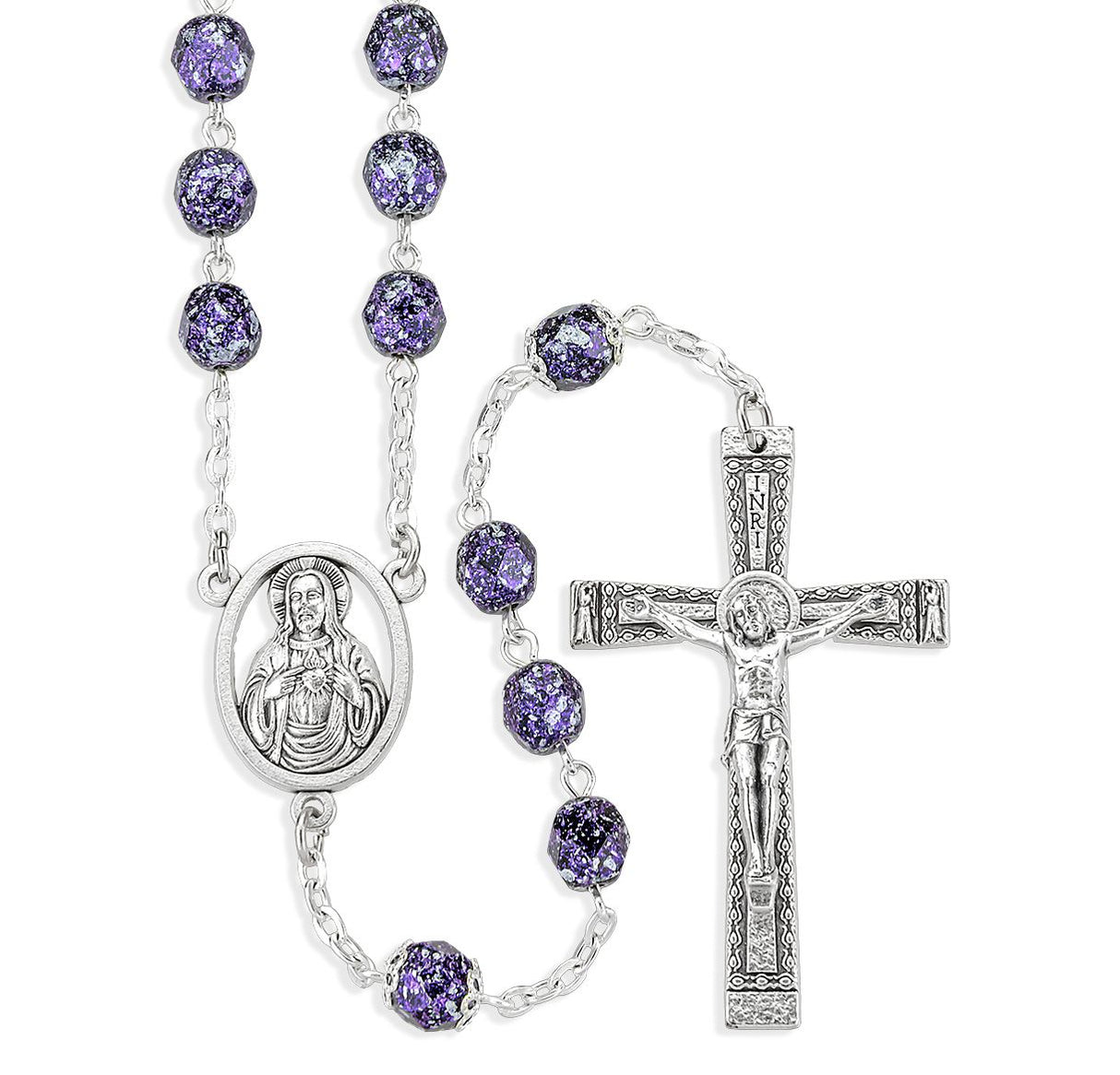 Violet and Silver Metallic Glass Fire Polished Bead Rosary