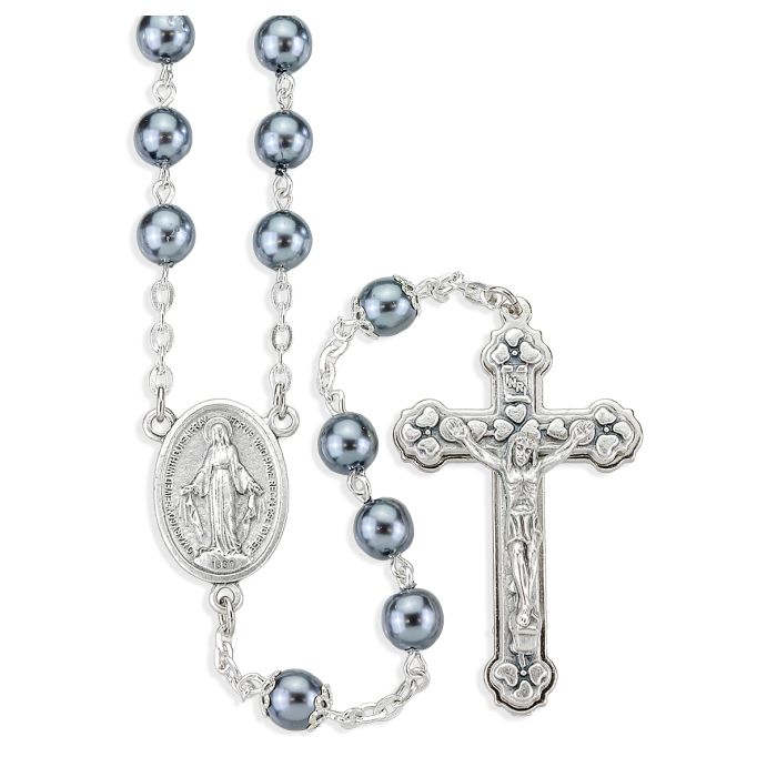 Dark Grey Imitation Pearl Glass Bead Rosary