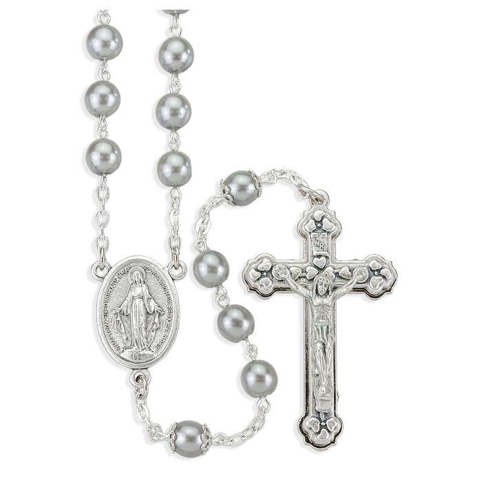 Light Grey Imitation Pearl Glass Bead Rosary