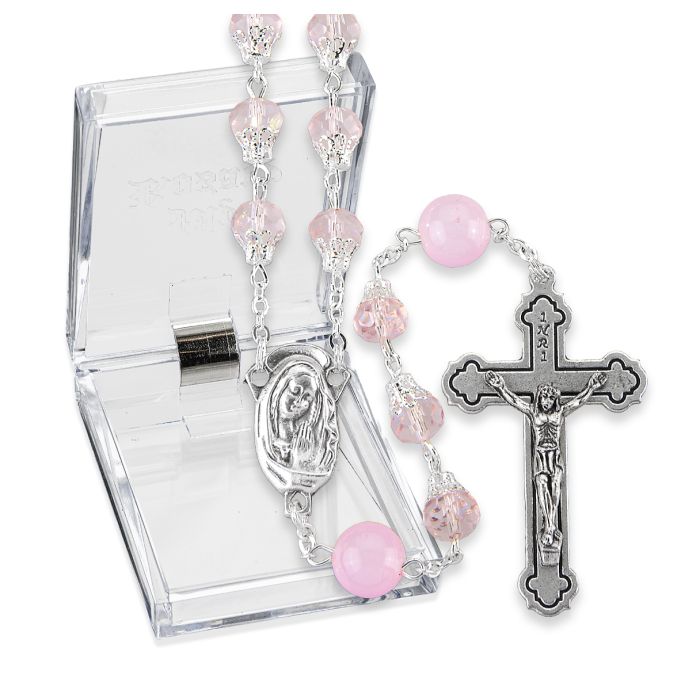 Capped Pink Crystal Bead Rosary with Round Our Father Beads