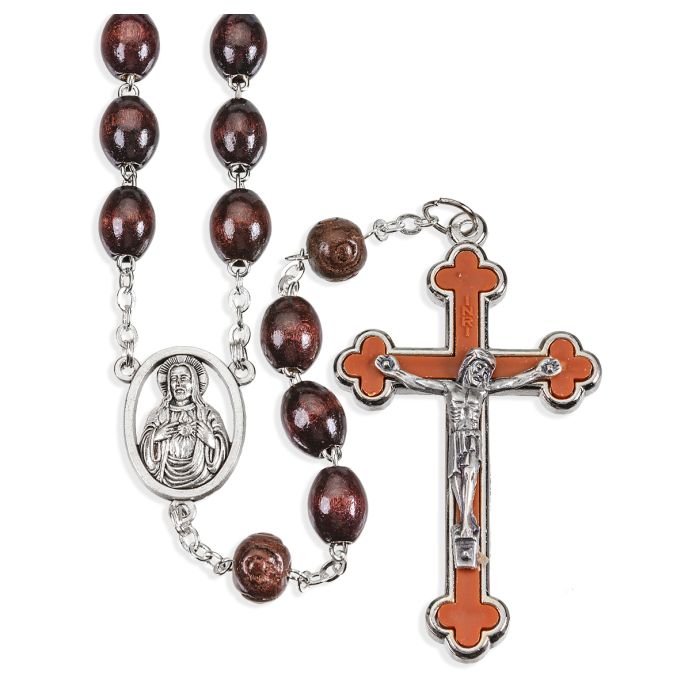 Brown Oval Wood Bead Rosary