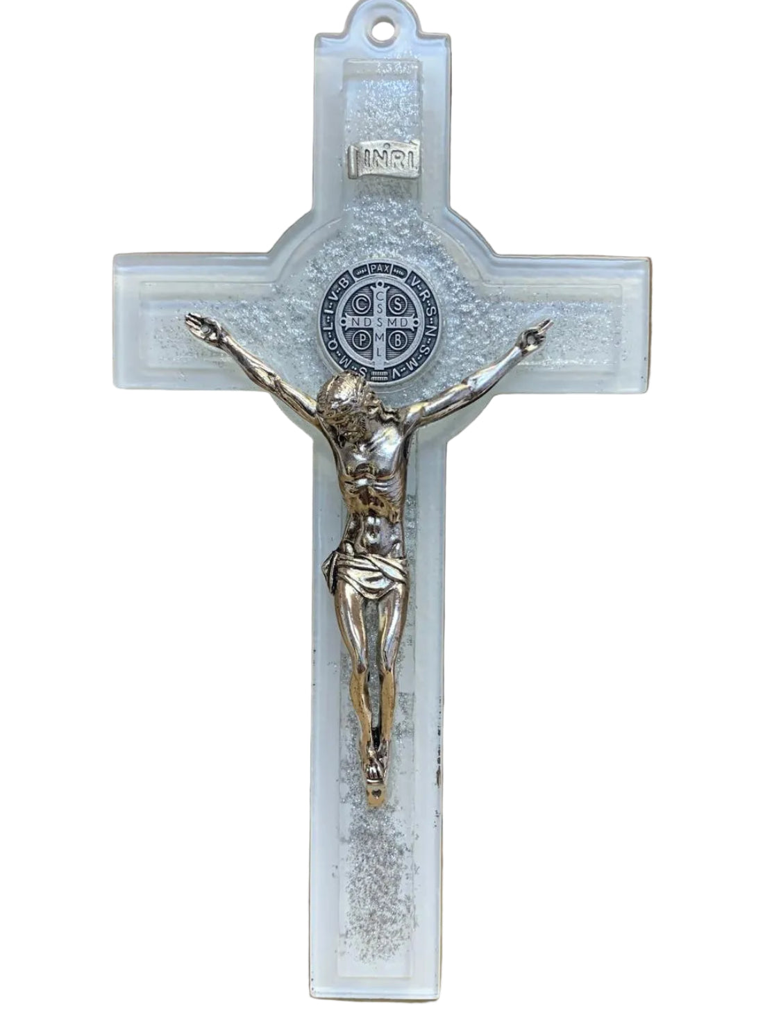 10" SAINT BENEDICT MURANO WHITE GLASS WITH SILVER CRUCIFIX D-2
