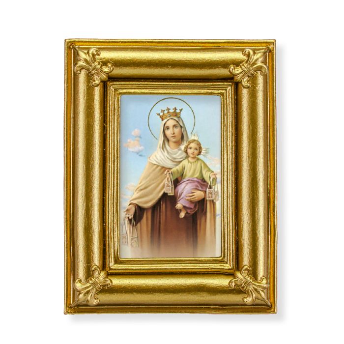 Gold Frame with Fleur de lis Corners and an Our Lady of Mount Carmel Print-P65