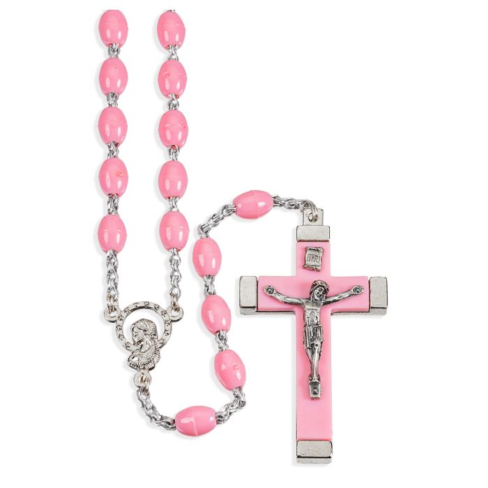 Pink Acrylic Bead Rosary with Metal Bound Crucifix