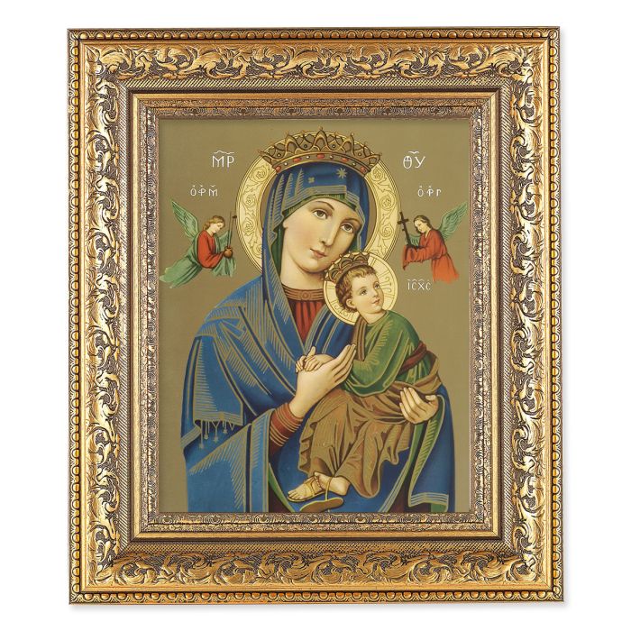 12 1/2" x 14 1/2" Ornate Gold Leaf Antique Frame with 8" x 10" Our Lady of Perpetual Help Print D-1