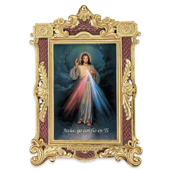 6 1/4" x 9 1/4" Textured Burgundy and Gold Photo Frame with Divine Mercy Spanish Print-P65