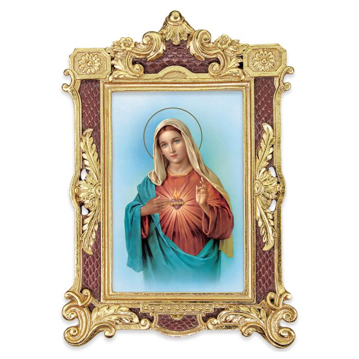 6 1/4" x 9 1/4" Textured Burgundy and Gold Photo Frame with Immaculate Heart of Mary Print-P65