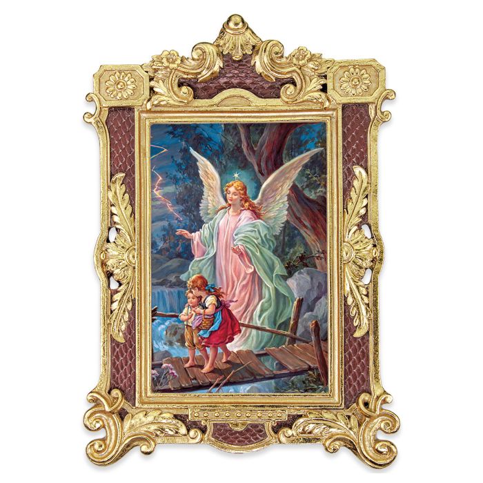 6 1/4" x 9 1/4" Textured Burgundy and Gold Photo Frame with Guardian Angel Print-P65