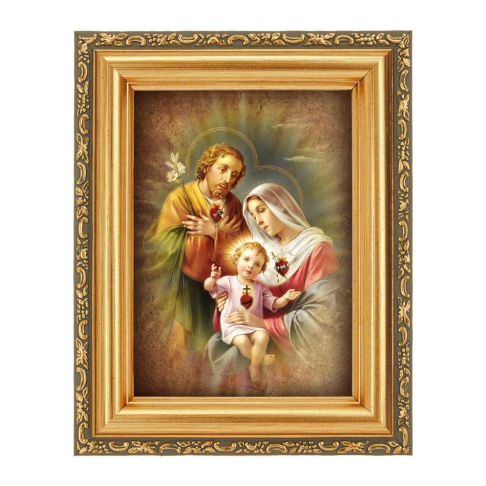 4 1/2" x 5 1/2" Holy Family with Three Hearts Print in a 5 1/2" x 7" Antique Gold Frame
