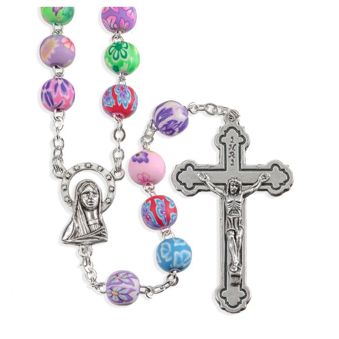 8mm Multicolored Round Floral Bead Rosary-P65