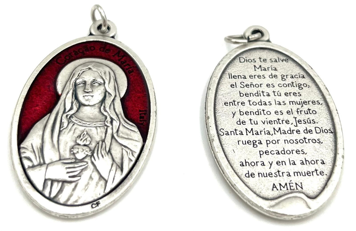 MEDALLA SAGRADA CORAZON DE MARIA CON ORACION ROJO