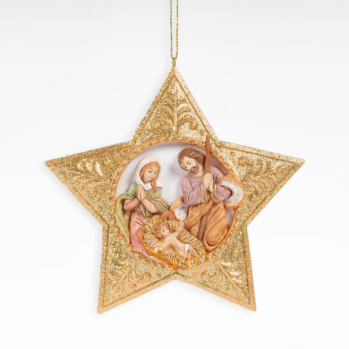 HOLY FAMILY STAR WITH GOLD GLITTER ORNAMENT