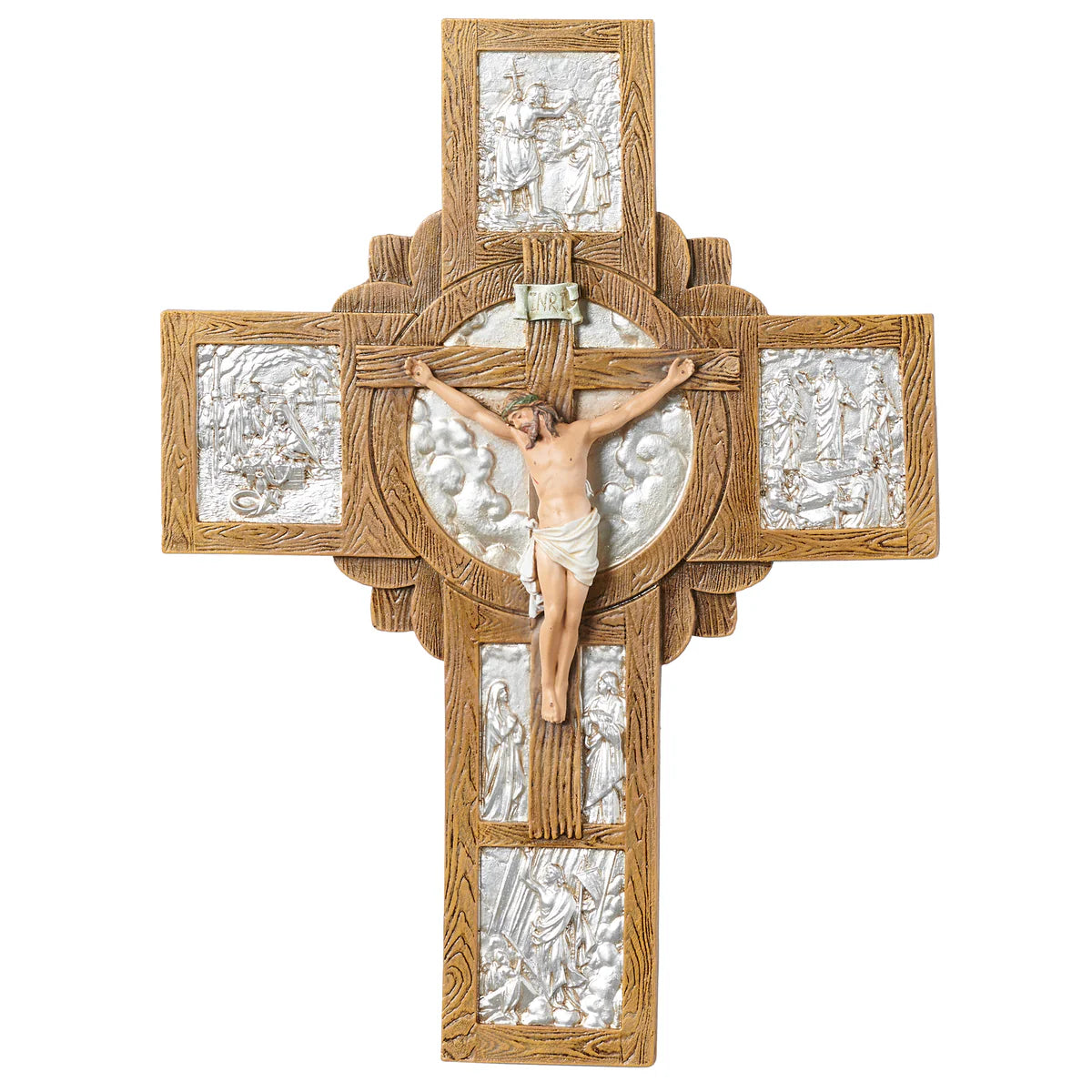 Silver & Faux Wood Life of Christ Crucifix B-4