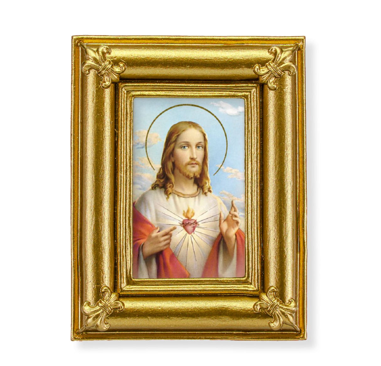 Gold Frame with Fleur de lis Corners and a Sacred Heart of Jesus Print-P65