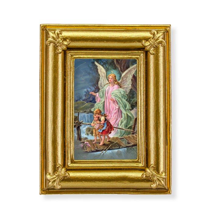 Gold Frame with Fleur de lis Corners and a Guardian Angel Print-P65