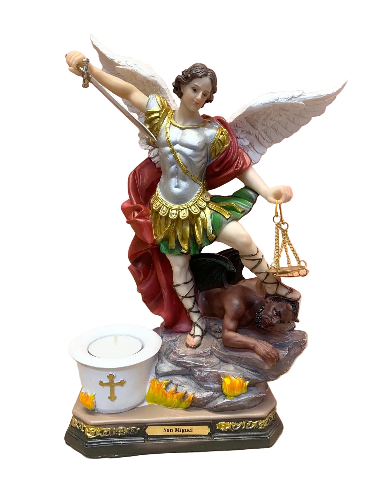 12" ST MICHAEL WITH CANDLE HOLDER