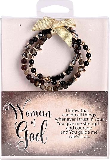 Dicksons Woman Of God 2.5 Inch Dark Brown and Gold Plated Agate Stone Metal and Wood Women's Triple Stretch Bracelet
