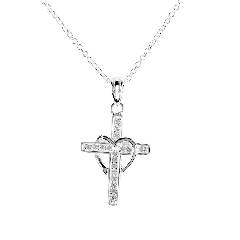 CZ CROSS DRAPED HEART 18" CHAIN