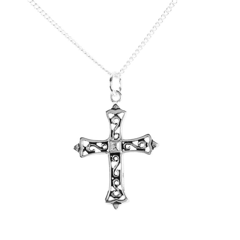 NECKLACE OPEN SCROLL BUD CROSS/SQUARE CZ