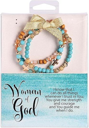 Dicksons Woman Of God 2.5 Inch Turquoise Blue Agate Stone Metal and Wood Women's Triple Stretch Bracelet