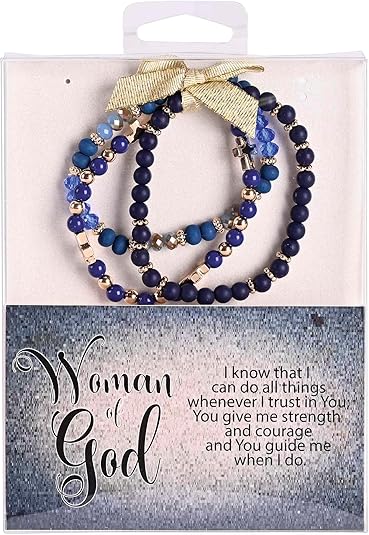 Dicksons Woman Of God 2.5 Inch Blue Agate Stone Metal and Wood Women's Triple Stretch Bracelet