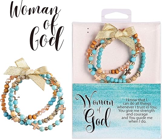 Dicksons Woman Of God 2.5 Inch Turquoise Blue Agate Stone Metal and Wood Women's Triple Stretch Bracelet