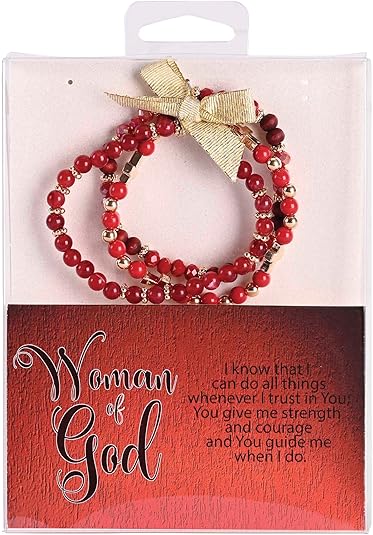 icksons Woman Of God 2.5 Inch Red and Gold Plated Agate Stone Metal and Wood Women's Triple Stretch Bracelet