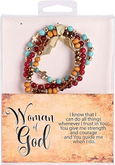 Dicksons Woman Of God 2.5 Inch Red Blue and Orange Agate Stone Metal and Wood Women's Triple Stretch Bracelet