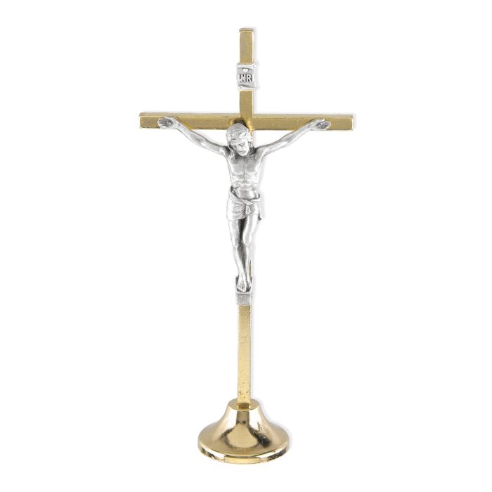 5" Brass Standing Gold Finished Crucifix with Silver Oxidized Corpus