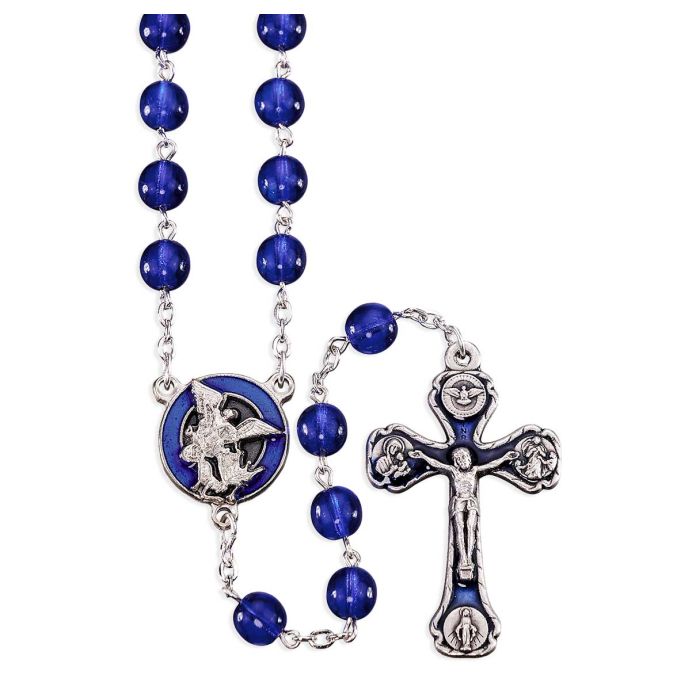 7mm Navy Blue Round Glass Czech Bead Rosary with St. Michael