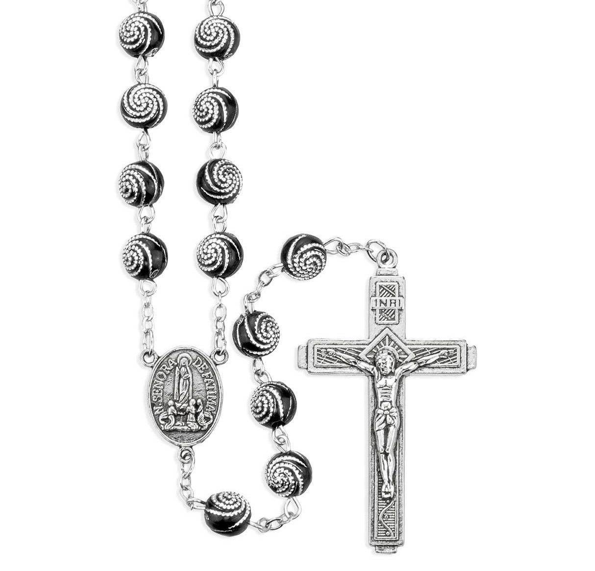 8mm Black and Silver Swirl Resin Bead Rosary with O.L. of Fatima Centerpiece and Crucifix