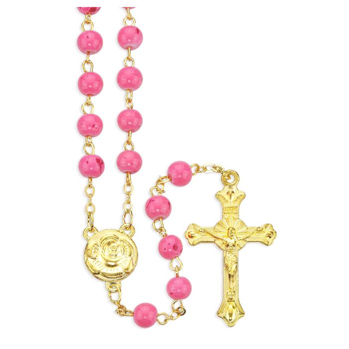 5mm Pink Spotted Glass Bead Gold Plated Rosary