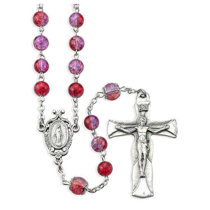 AMETHYST AND RUBY CRACKLE BEAD ROSARY, BOXED
