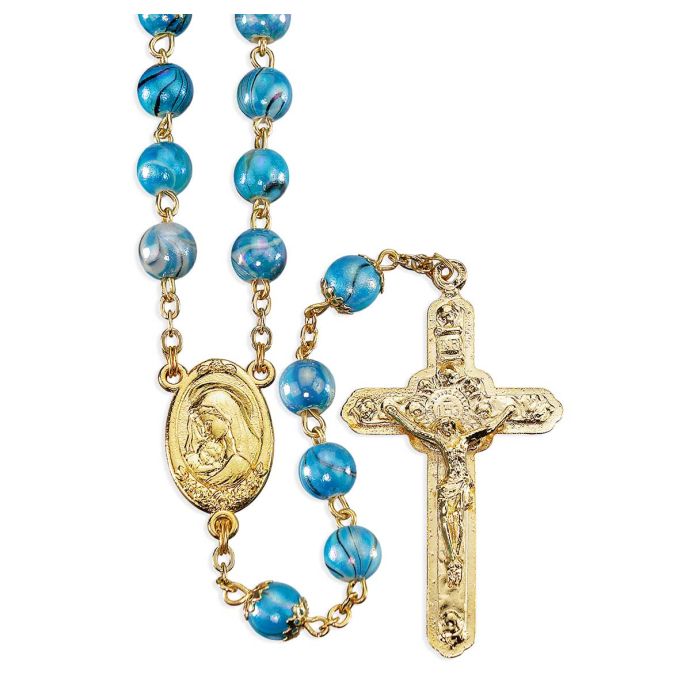 8mm Glass Swirl Design Aqua Bead Rosary in Gold Plating