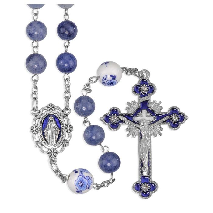 Blue Natural Stone Rosary with Blue Epoxied Pierced Miraculous Medal Centerpiece and Blue Epoxied Crucifix in Grey Velvet Box