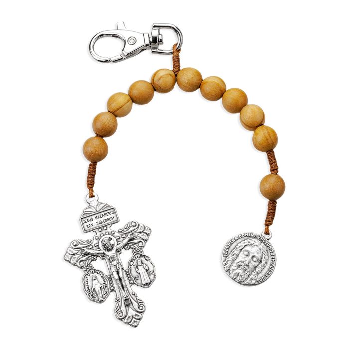 HOLY FACE ONE DECADE WOOD ROSARY BACKPACK CLIP