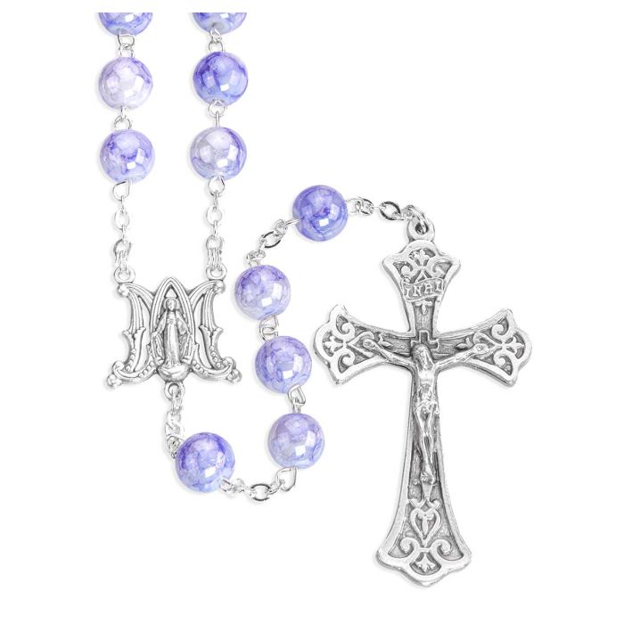 8mm Blue Marbleized Glass Bead Rosary